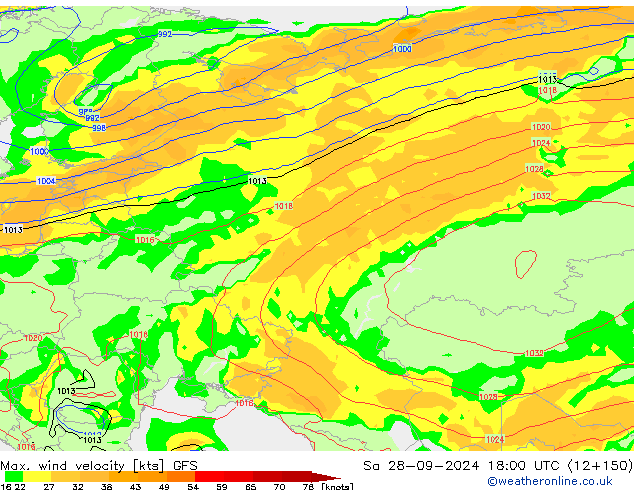 Max. wind velocity GFS sáb 28.09.2024 18 UTC