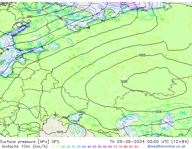 Isotachs (kph) GFS jeu 26.09.2024 00 UTC