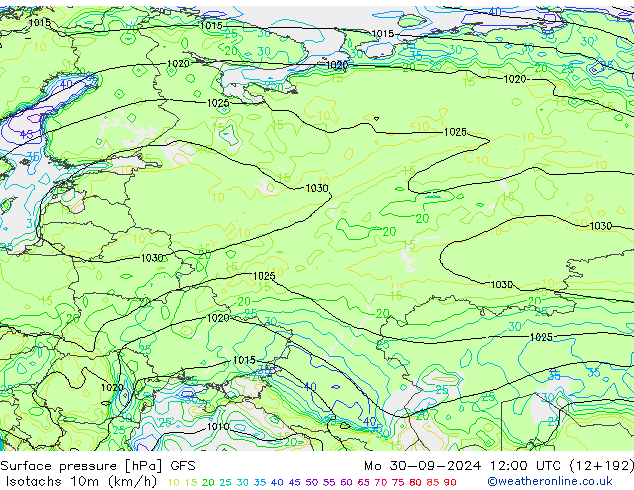 Isotachs (kph) GFS Mo 30.09.2024 12 UTC