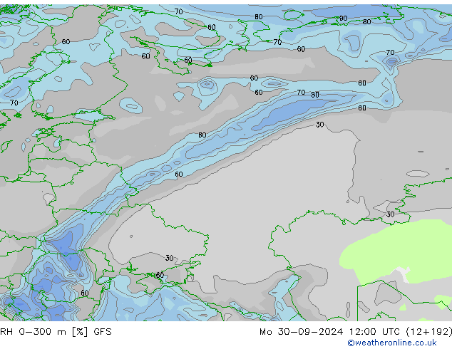 RH 0-300 m GFS Po 30.09.2024 12 UTC