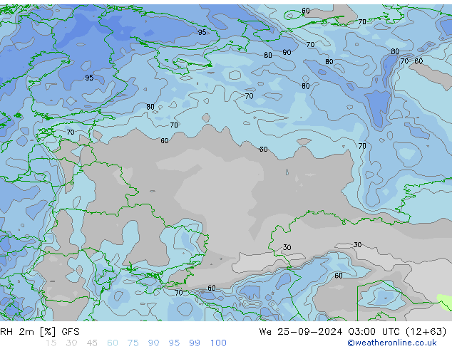 Humidité rel. 2m GFS mer 25.09.2024 03 UTC