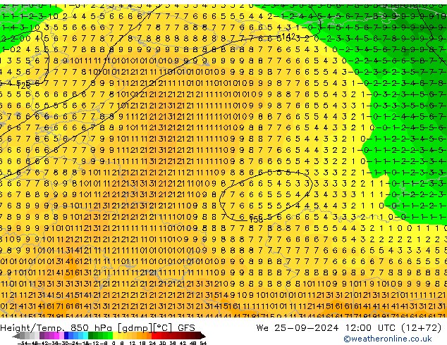 Z500/Rain (+SLP)/Z850 GFS We 25.09.2024 12 UTC