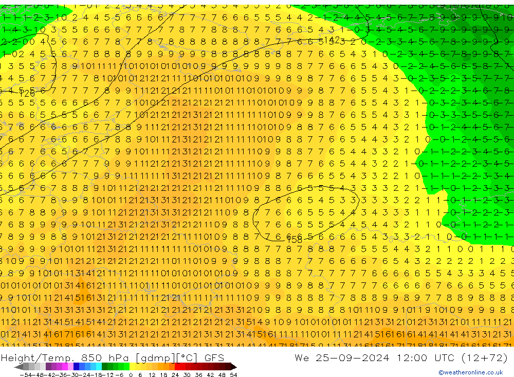 Z500/Rain (+SLP)/Z850 GFS Qua 25.09.2024 12 UTC