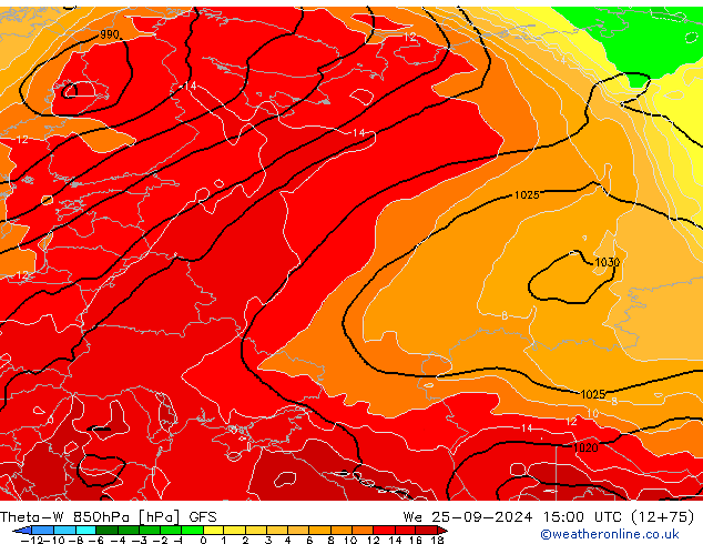 Theta-W 850гПа GFS ср 25.09.2024 15 UTC