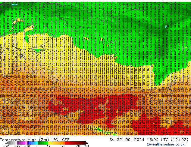 Nejvyšší teplota (2m) GFS Ne 22.09.2024 15 UTC