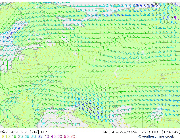 Vent 950 hPa GFS lun 30.09.2024 12 UTC