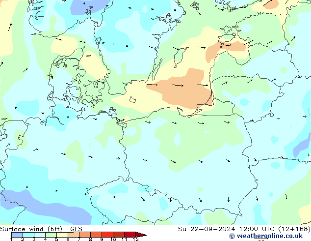 Wind 10 m (bft) GFS zo 29.09.2024 12 UTC