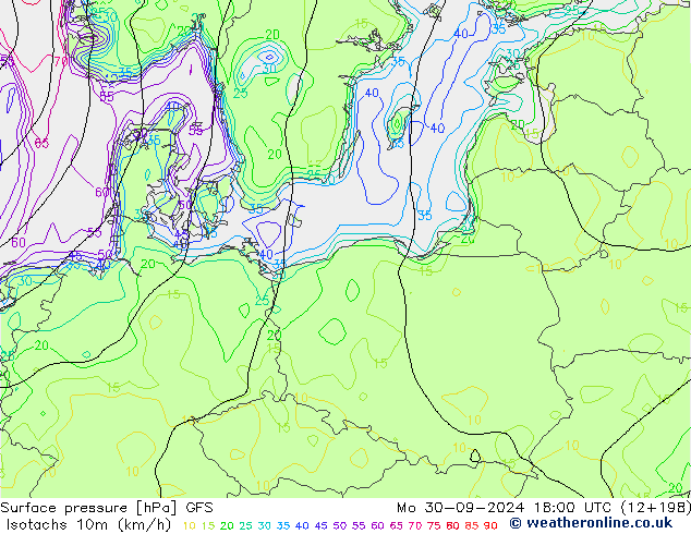 Isotachs (kph) GFS lun 30.09.2024 18 UTC