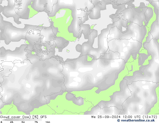 Bewolking (Laag) GFS wo 25.09.2024 12 UTC