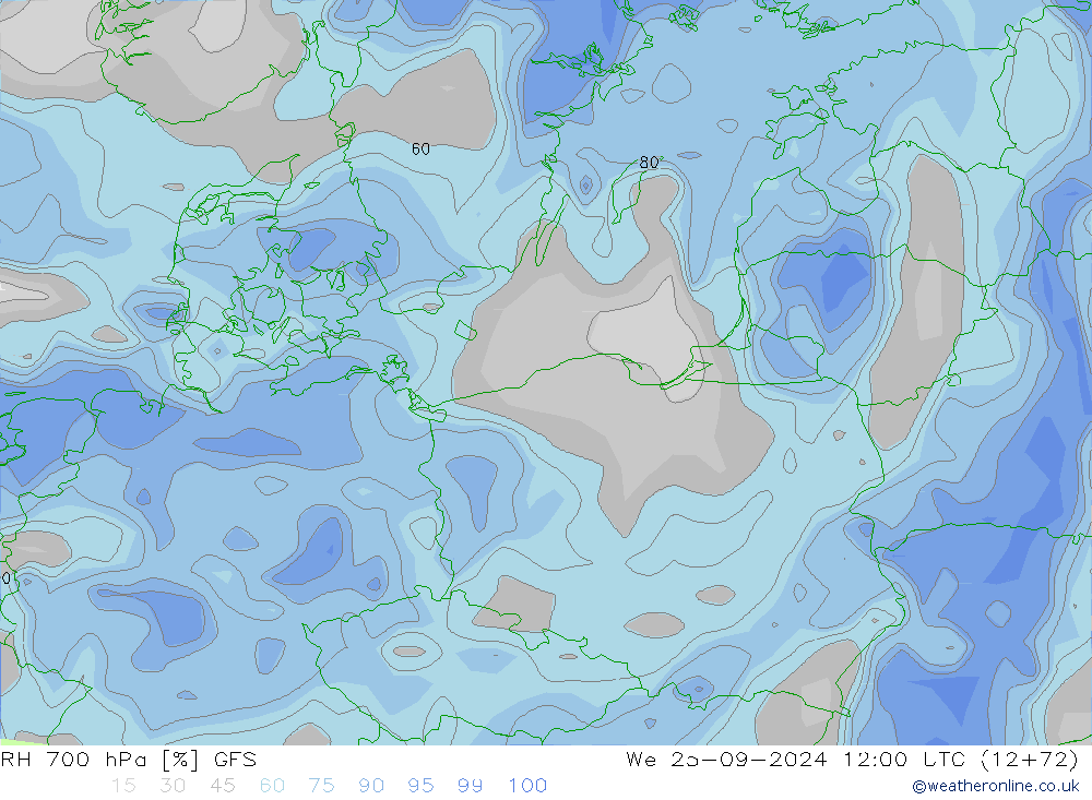 RH 700 hPa GFS Mi 25.09.2024 12 UTC