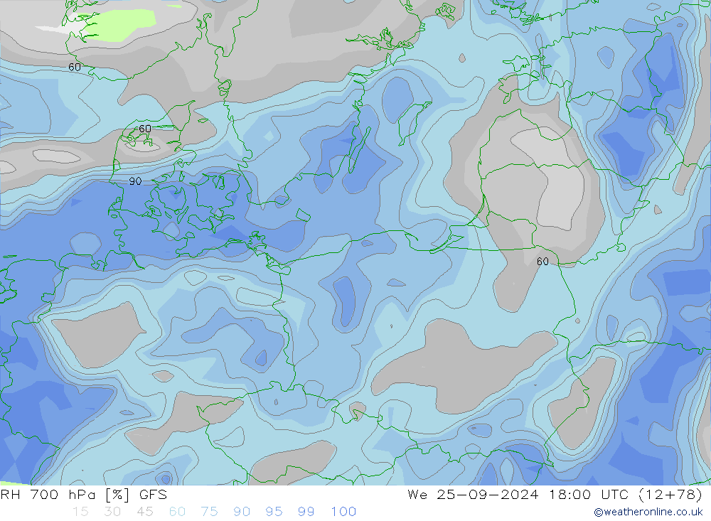 RH 700 hPa GFS Mi 25.09.2024 18 UTC