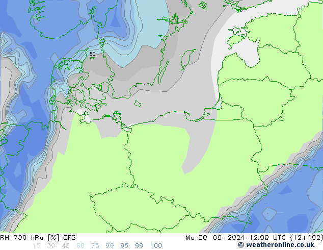 Humedad rel. 700hPa GFS lun 30.09.2024 12 UTC