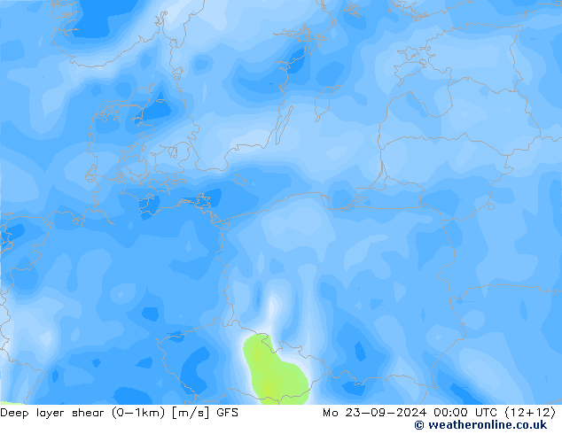 Deep layer shear (0-1km) GFS Mo 23.09.2024 00 UTC