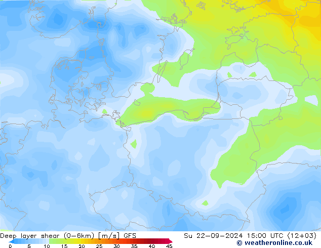 Deep layer shear (0-6km) GFS Dom 22.09.2024 15 UTC