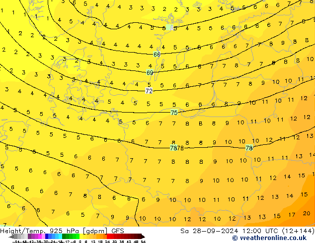 Height/Temp. 925 hPa GFS Sa 28.09.2024 12 UTC