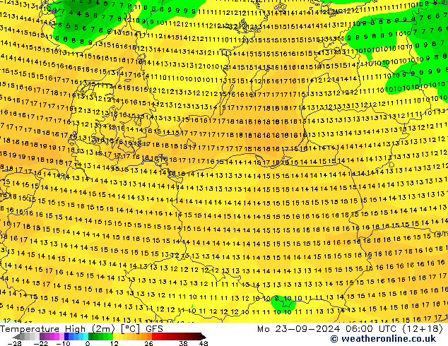 température 2m max GFS lun 23.09.2024 06 UTC