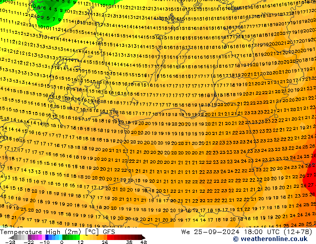 Höchstwerte (2m) GFS Mi 25.09.2024 18 UTC