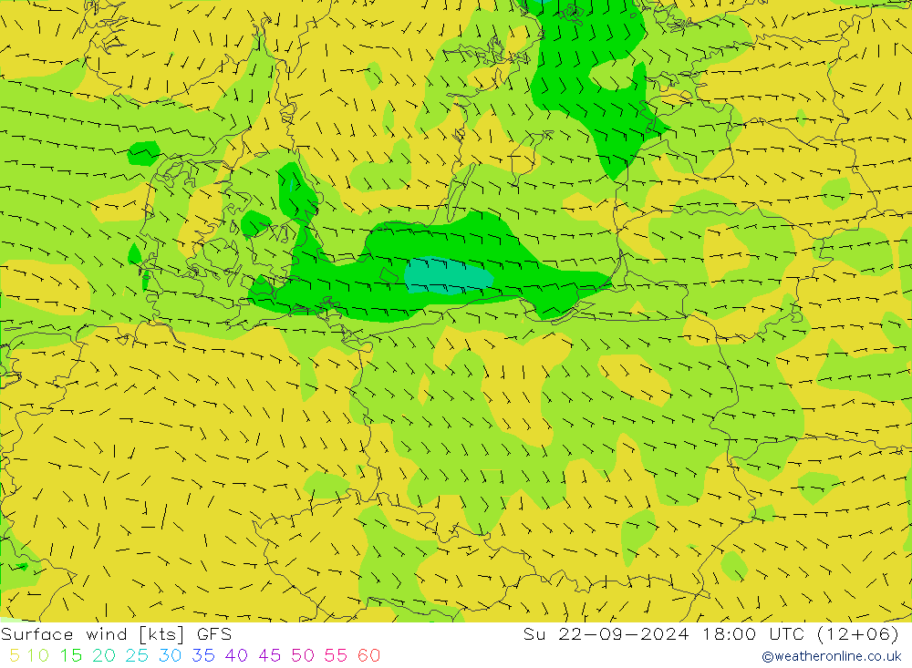 Prec 6h/Wind 10m/950 GFS Su 22.09.2024 18 UTC