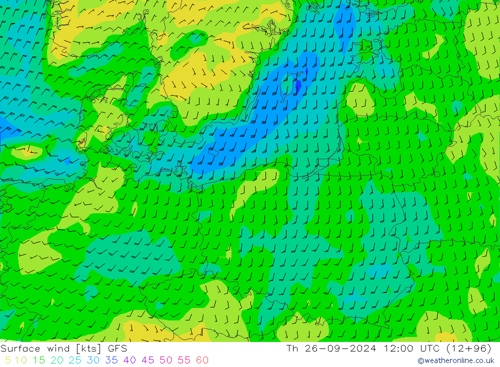 Viento 10 m GFS jue 26.09.2024 12 UTC