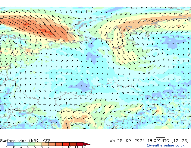 Surface wind (bft) GFS We 25.09.2024 18 UTC