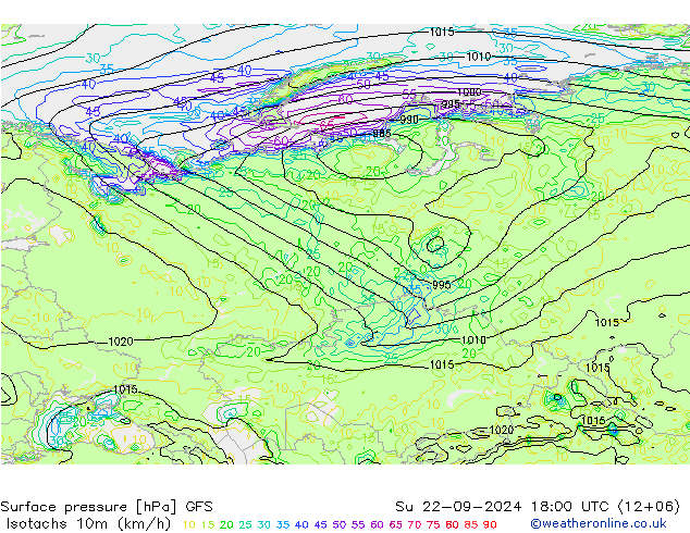 Izotacha (km/godz) GFS nie. 22.09.2024 18 UTC