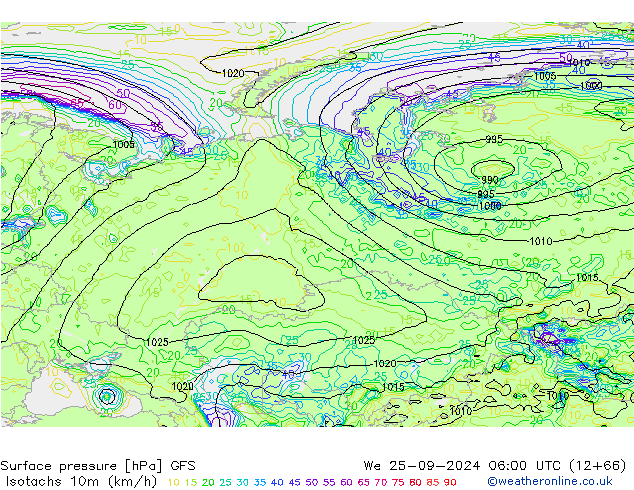 Isotaca (kph) GFS mié 25.09.2024 06 UTC