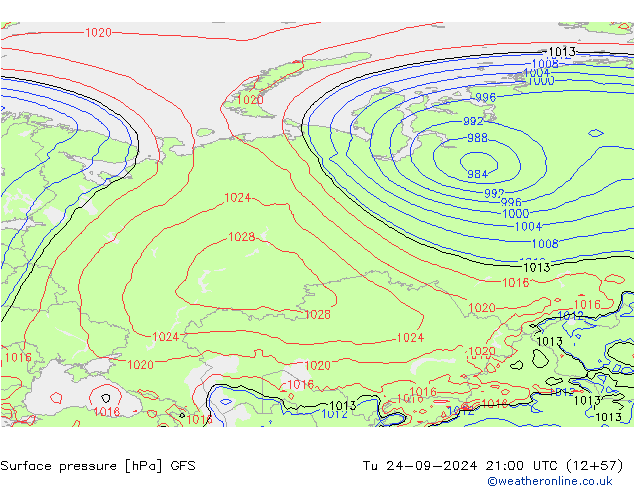 Surface pressure GFS Tu 24.09.2024 21 UTC