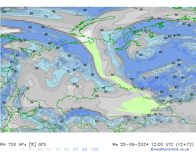 RH 700 hPa GFS śro. 25.09.2024 12 UTC