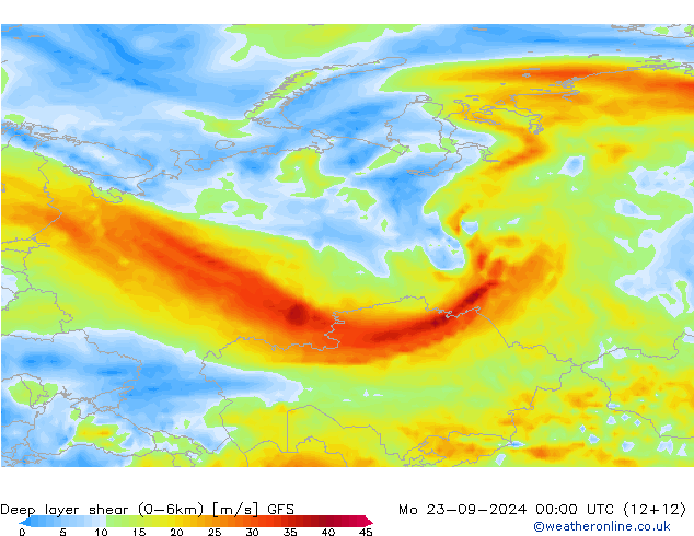 Deep layer shear (0-6km) GFS ma 23.09.2024 00 UTC