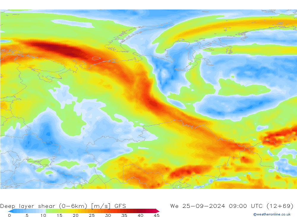 Deep layer shear (0-6km) GFS wo 25.09.2024 09 UTC