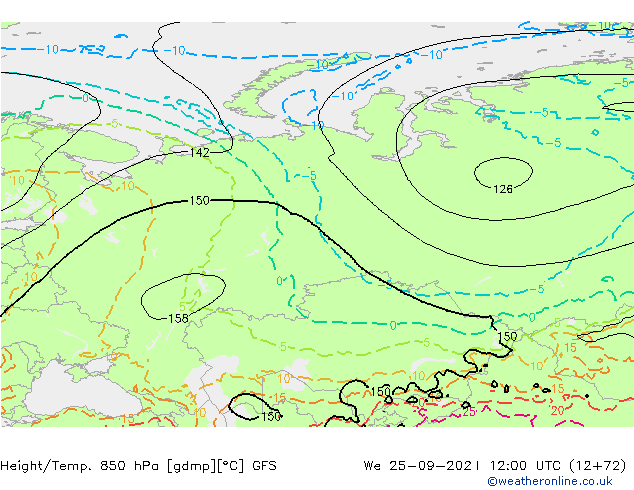 Hoogte/Temp. 850 hPa GFS wo 25.09.2024 12 UTC