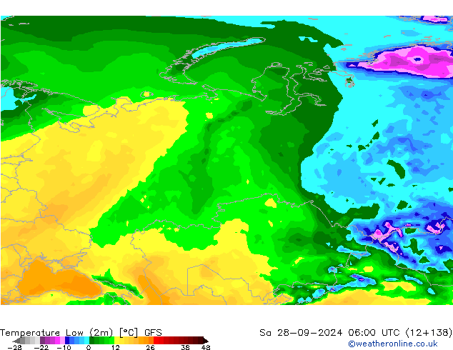 Temperature Low (2m) GFS Sa 28.09.2024 06 UTC