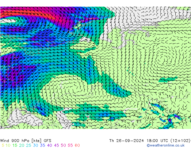 ветер 900 гПа GFS чт 26.09.2024 18 UTC