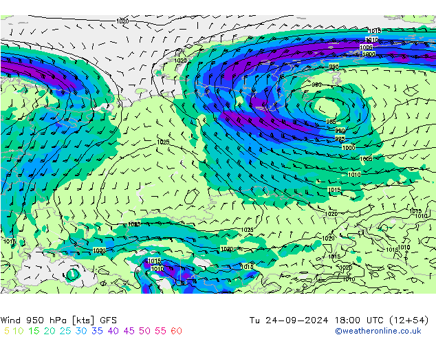 Rüzgar 950 hPa GFS Sa 24.09.2024 18 UTC