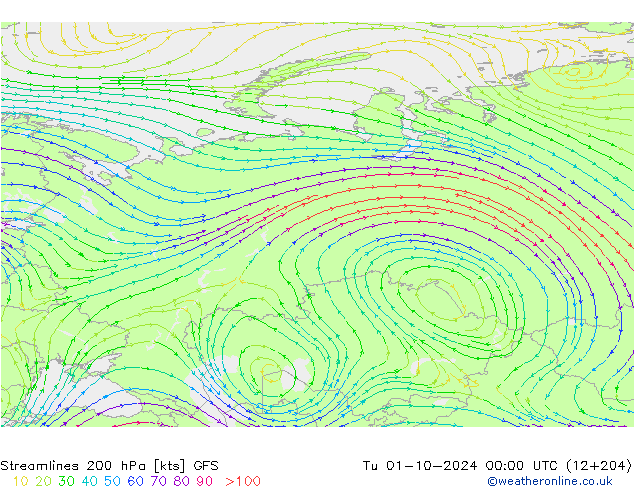 Streamlines 200 hPa GFS Út 01.10.2024 00 UTC