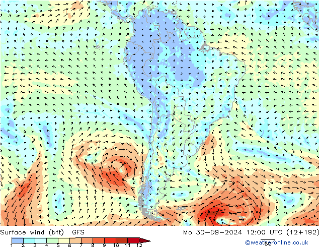 Vento 10 m (bft) GFS Seg 30.09.2024 12 UTC