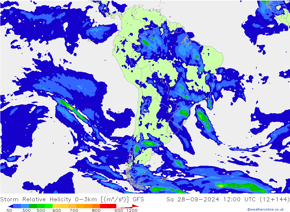 Storm Relative Helicity GFS sab 28.09.2024 12 UTC