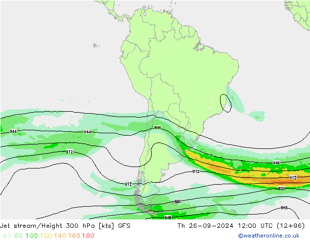 Jet stream/Height 300 hPa GFS Čt 26.09.2024 12 UTC