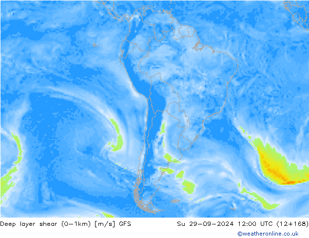 Deep layer shear (0-1km) GFS Ne 29.09.2024 12 UTC