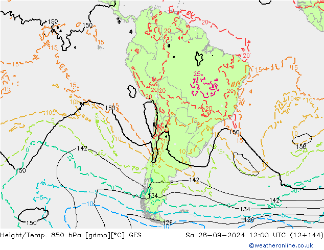 Height/Temp. 850 hPa GFS sab 28.09.2024 12 UTC