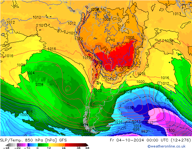 SLP/Temp. 850 hPa GFS Fr 04.10.2024 00 UTC