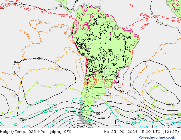 Height/Temp. 925 hPa GFS lun 23.09.2024 15 UTC