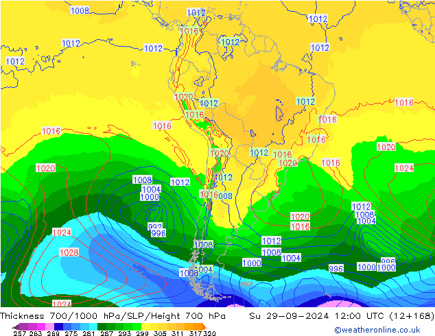 Dikte700-1000 hPa GFS zo 29.09.2024 12 UTC