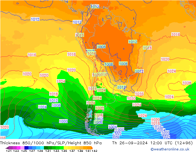 Thck 850-1000 hPa GFS Čt 26.09.2024 12 UTC