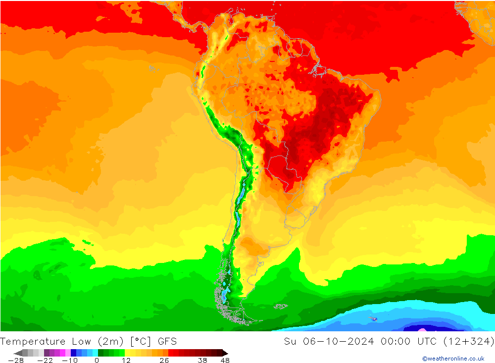 Min.temperatuur (2m) GFS zo 06.10.2024 00 UTC