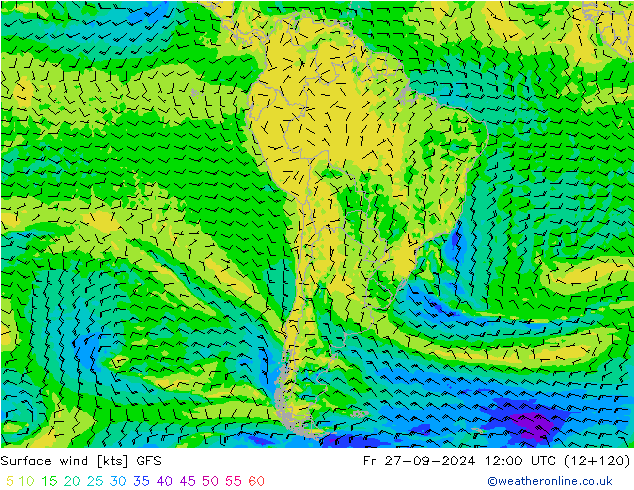 Surface wind GFS Pá 27.09.2024 12 UTC