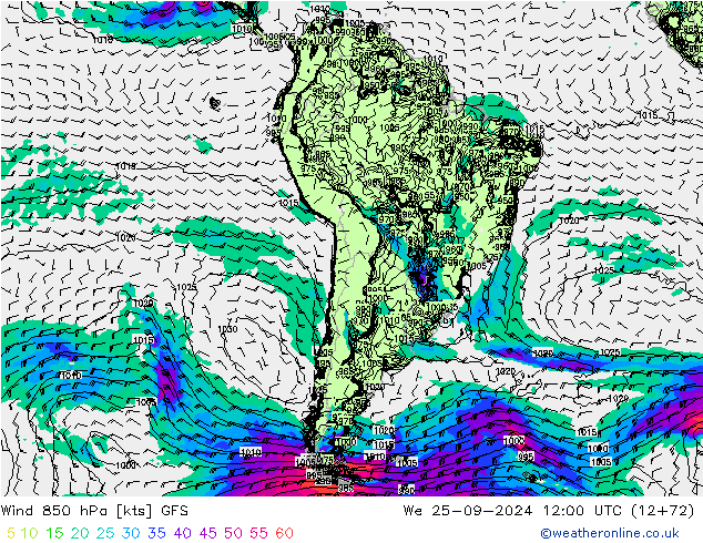 Wind 850 hPa GFS wo 25.09.2024 12 UTC