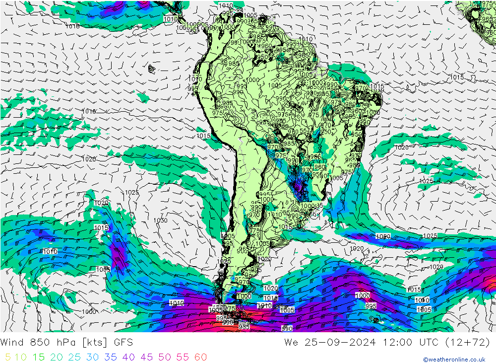 Wind 850 hPa GFS wo 25.09.2024 12 UTC