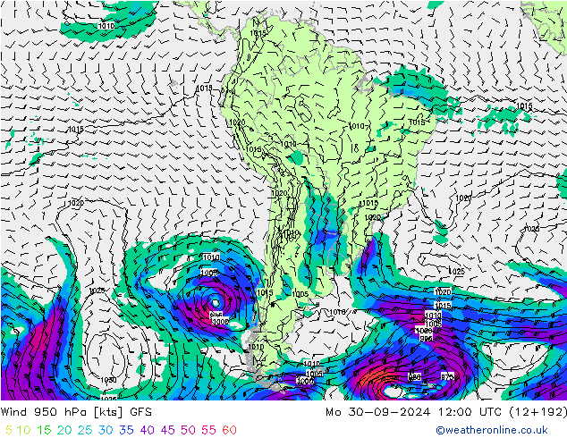 Rüzgar 950 hPa GFS Pzt 30.09.2024 12 UTC