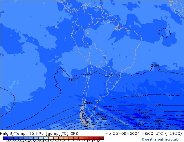 Height/Temp. 10 hPa GFS Mo 23.09.2024 18 UTC